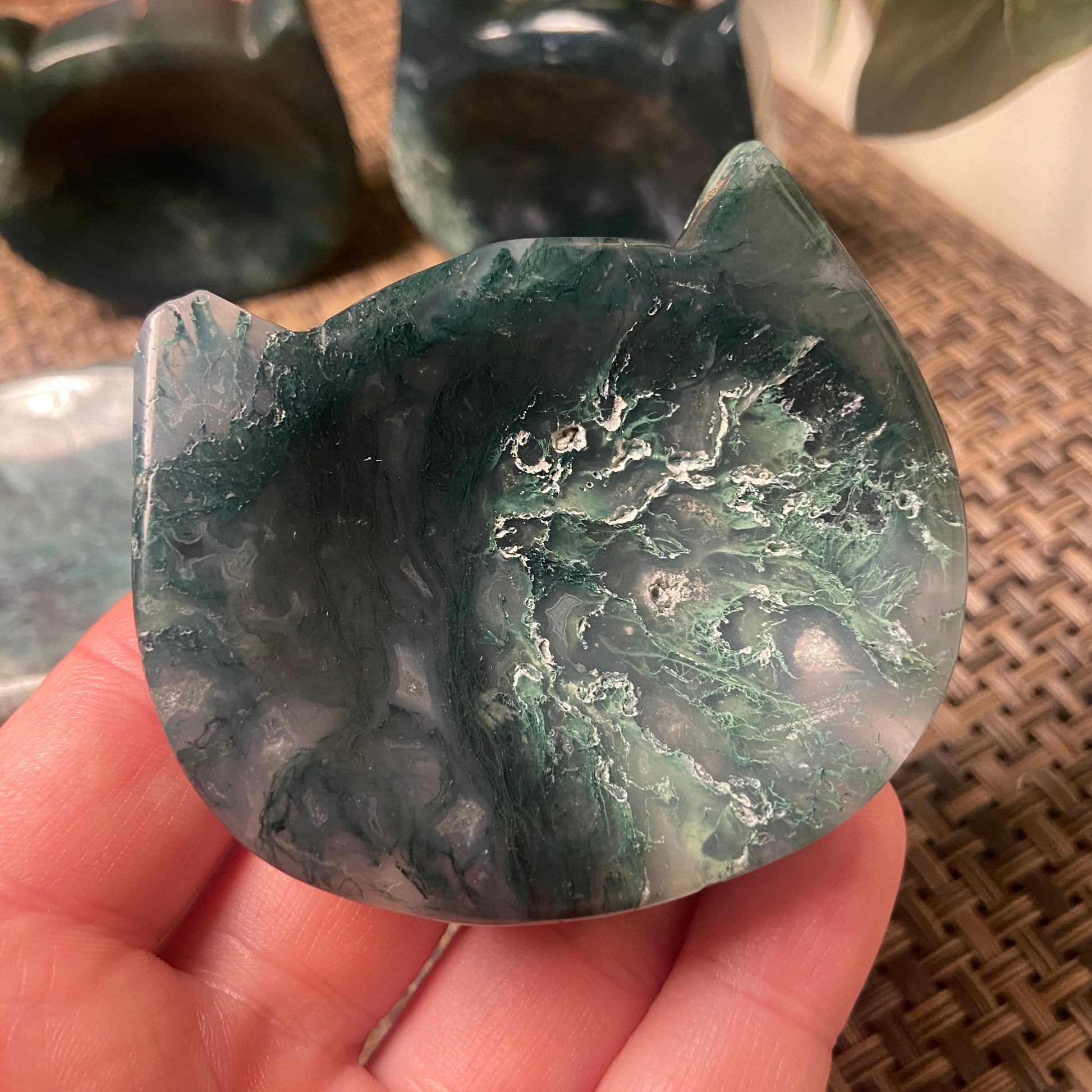 Moss Agate Cat & Round Shaped Bowls - Earth Elements UK