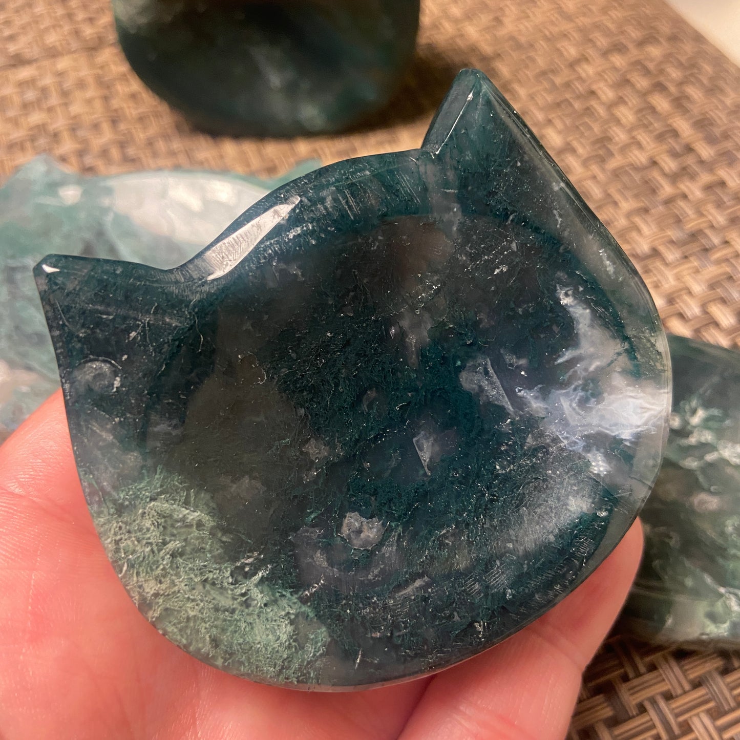 Moss Agate Cat & Round Shaped Bowls - Earth Elements UK