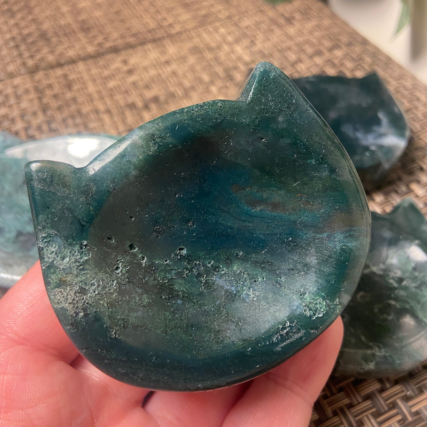 Moss Agate Cat & Round Shaped Bowls - Earth Elements UK